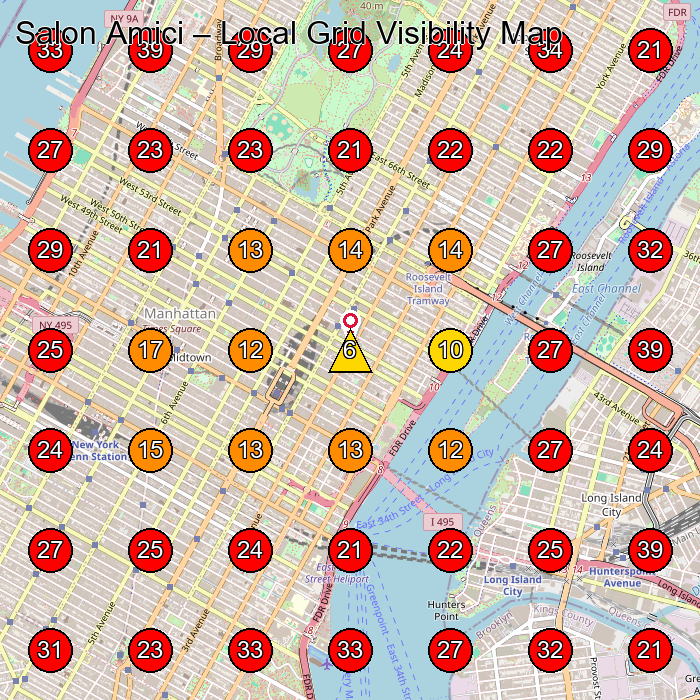 Salon Amici GeoGrid visibility map for Hair Salon in New York